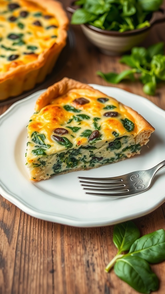 Air Fryer Spinach and Cheese Quiche Recipe A slice of spinach and cheese quiche on a plate with fresh spinach leaves and a fork, on a rustic table.